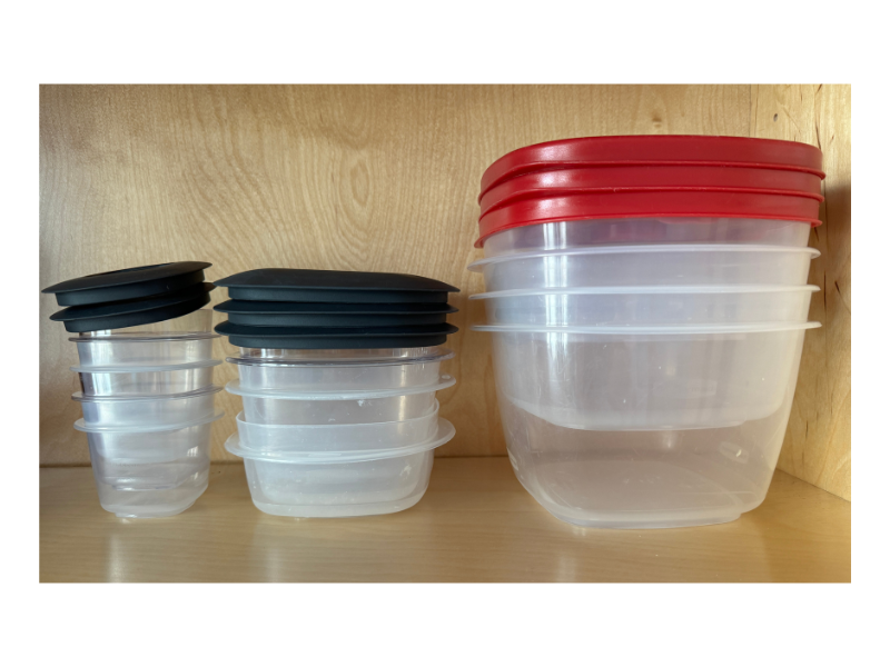 Rubbermaid storage containers in cabinet